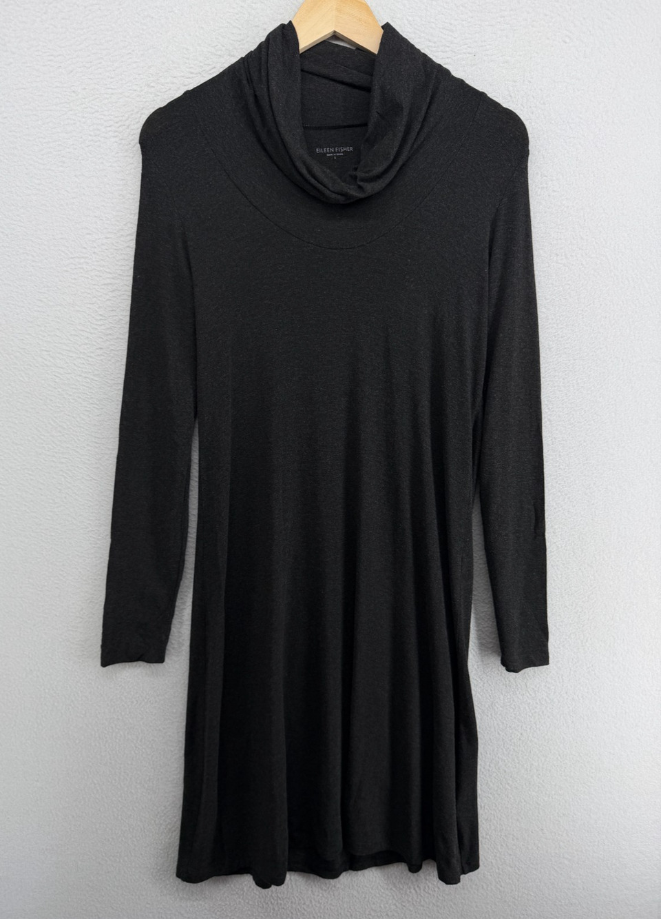 EILEEN FISHER Dress S Viscose Jersey Melange Shift Cowl Long Sleeve Charcoal